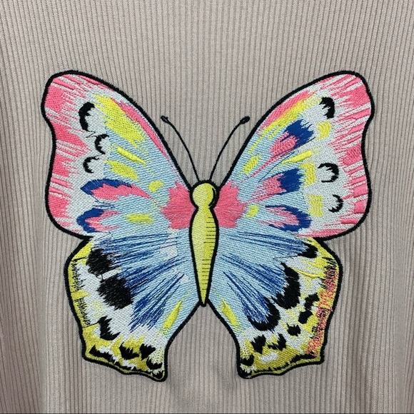 Lauren Moshi Long Sleeve Ribbed Embroidered Butterfly Top XS/S - Picture 3 of 6